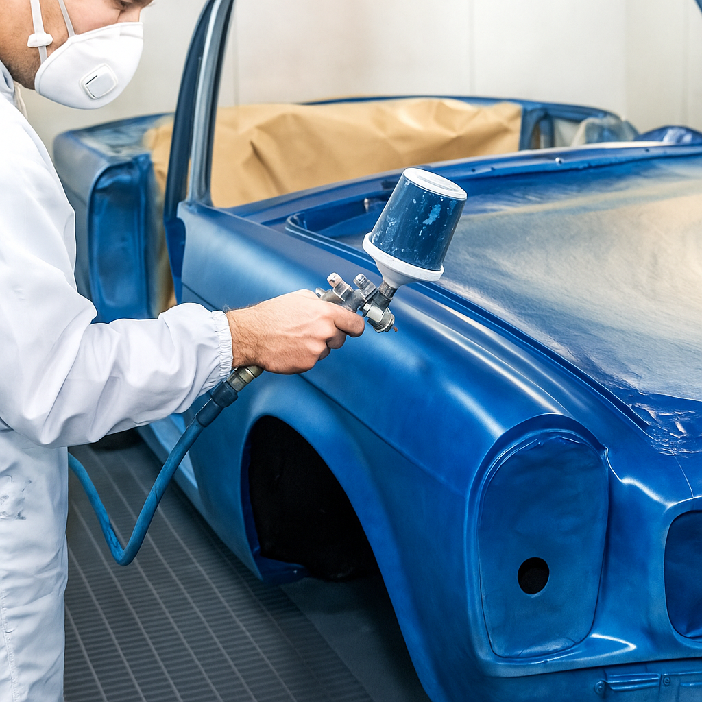 Técnico aplicando pintura azul con pistola aerográfica sobre la carrocería de un coche