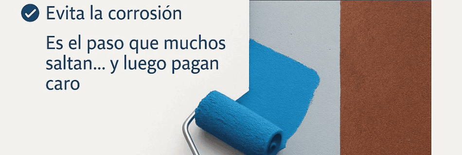 Rodillo aplicando pintura azul sobre metal imprimado, comparado con metal sin imprimación. Explica la importancia de la imprimación antes de pintar.