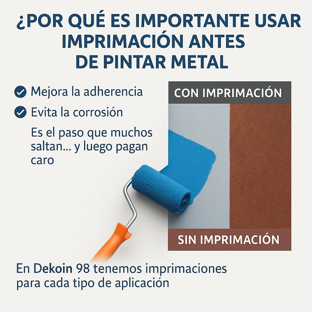 Rodillo aplicando pintura azul sobre metal imprimado, comparado con metal sin imprimación. Explica la importancia de la imprimación antes de pintar.