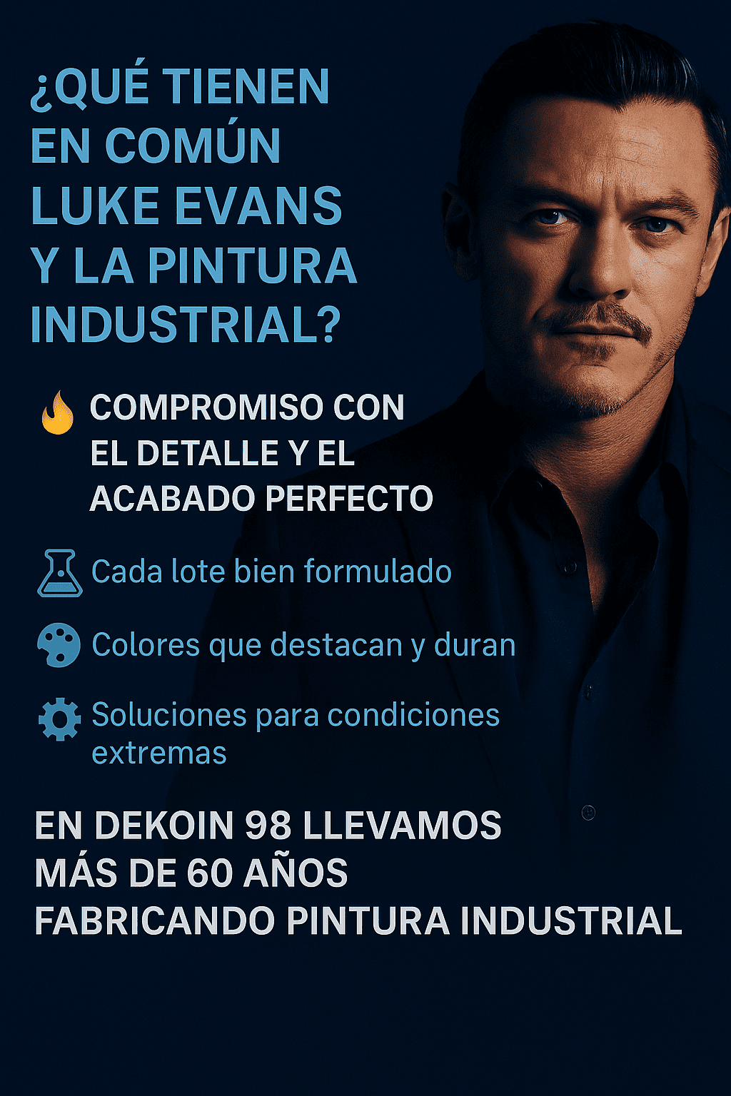 Imagen profesional de Luke Evans junto a latas de pintura industrial, destacando el compromiso de Dekoin 98 con el detalle y el acabado perfecto.