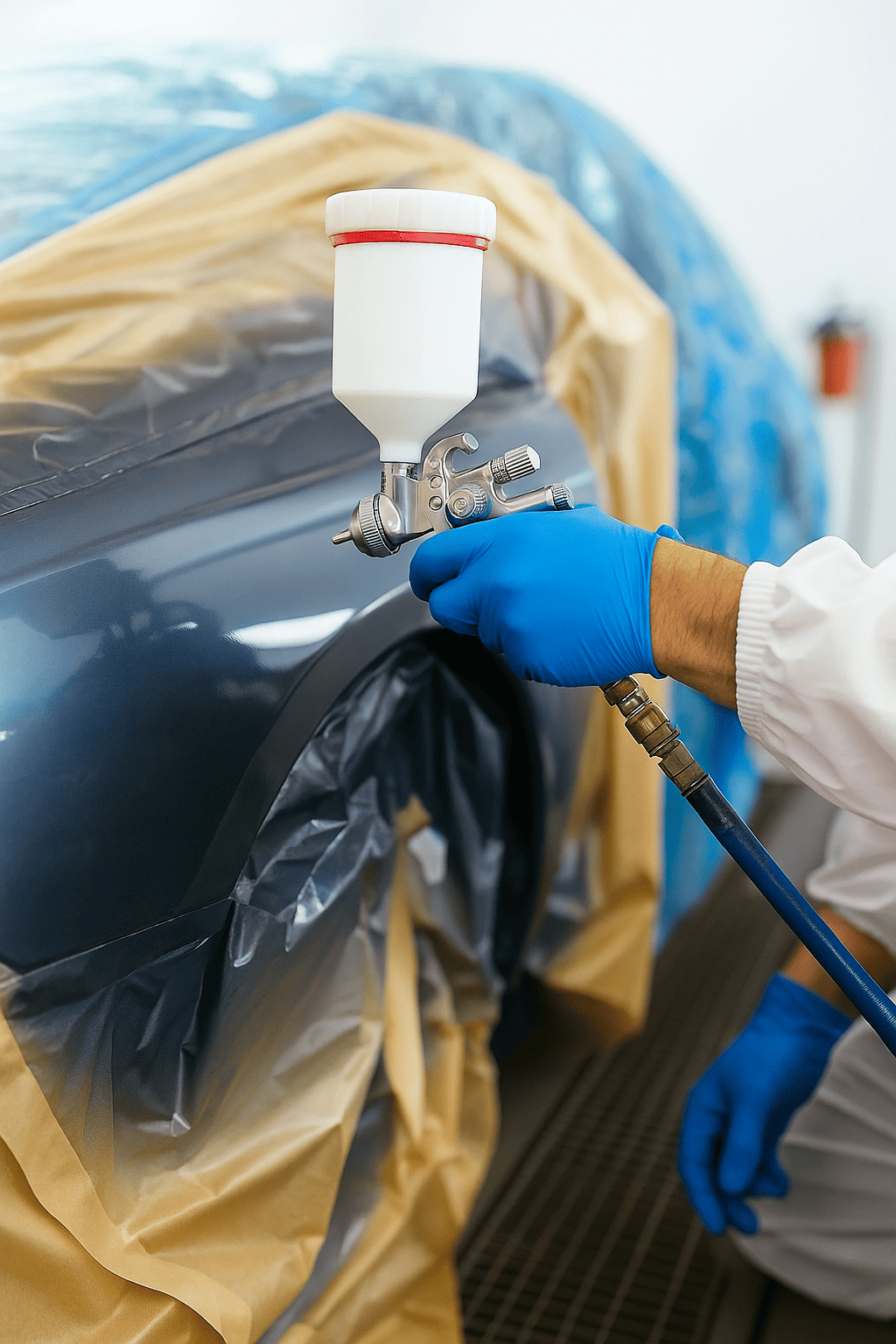 Mano aplicando pintura con pistola aerográfica sobre coche.