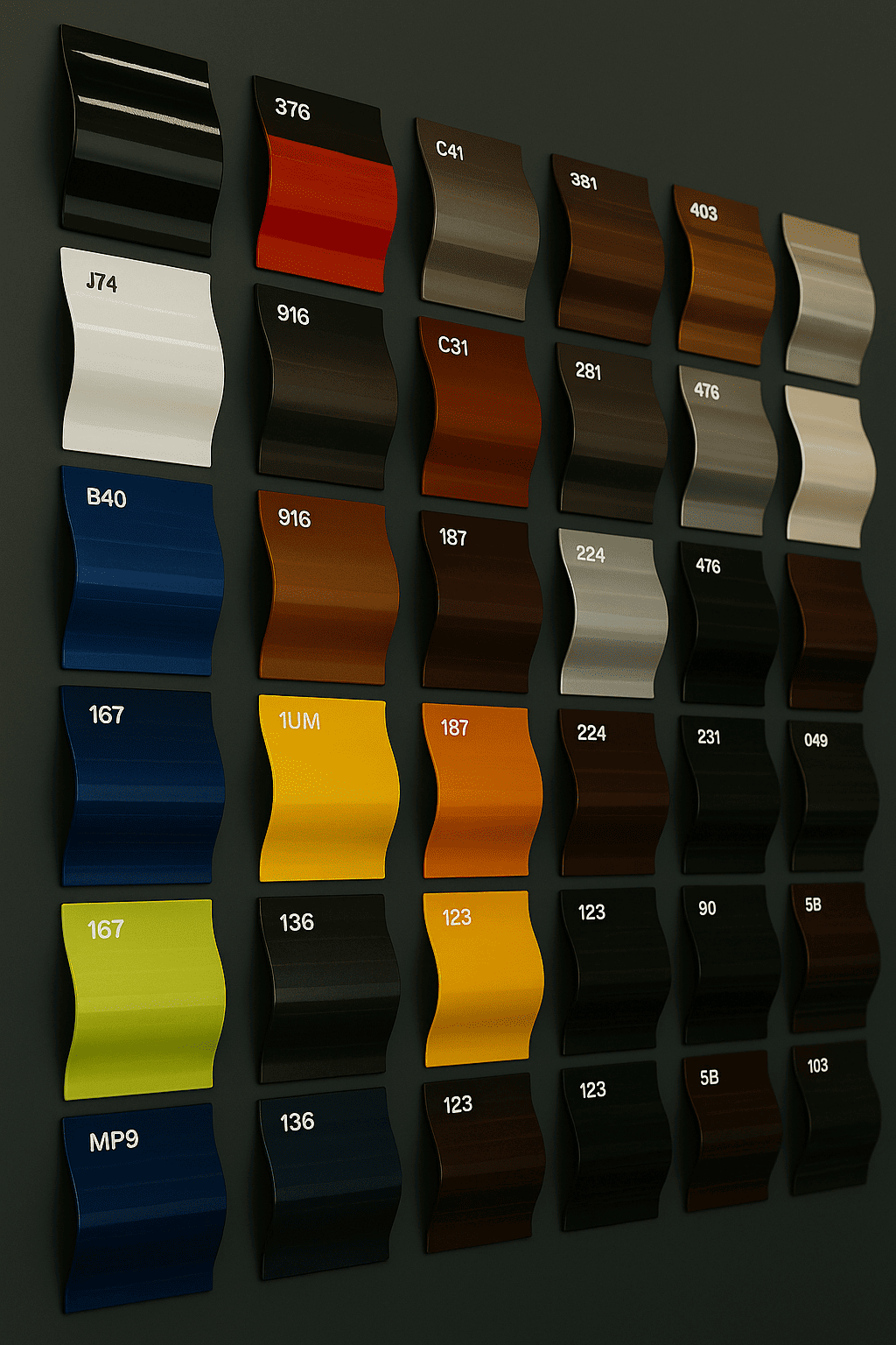 Panel de muestras de pintura de coche en diferentes colores.
