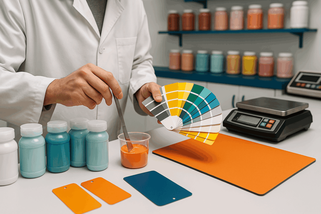 Técnico de laboratorio desarrollando fórmulas de pintura con carta de colores y muestras.