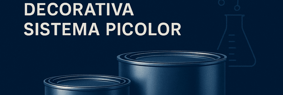 Latas de pintura industrial con fondo técnico azul, destacando los 60 años de experiencia de Dekoin 98 y sus líneas de producto: carrocería, decorativa y sistema Picolor.