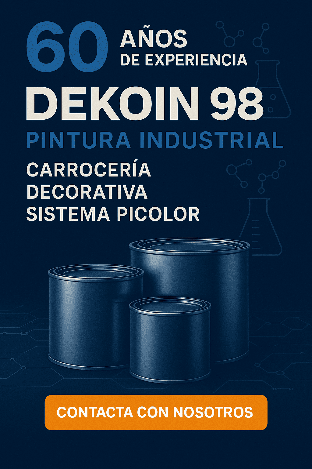 Latas de pintura industrial con fondo técnico azul, destacando los 60 años de experiencia de Dekoin 98 y sus líneas de producto: carrocería, decorativa y sistema Picolor.