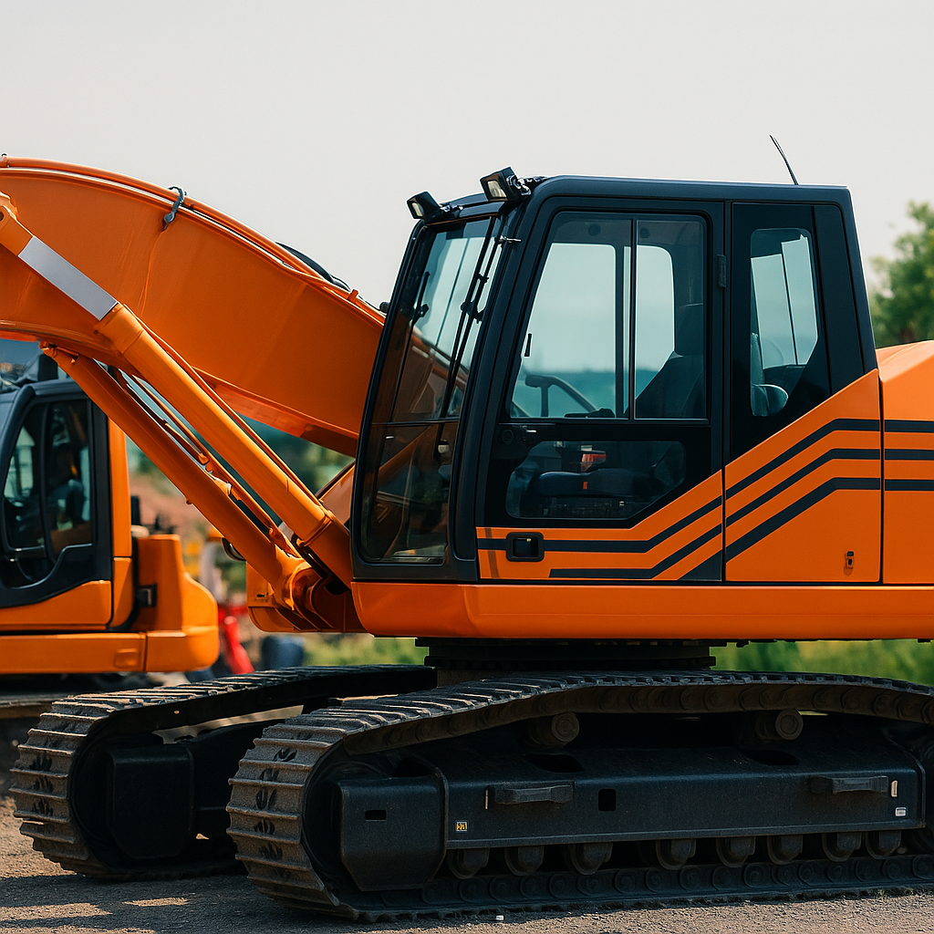 Excavadora naranja con recubrimiento protector en obra exterior
