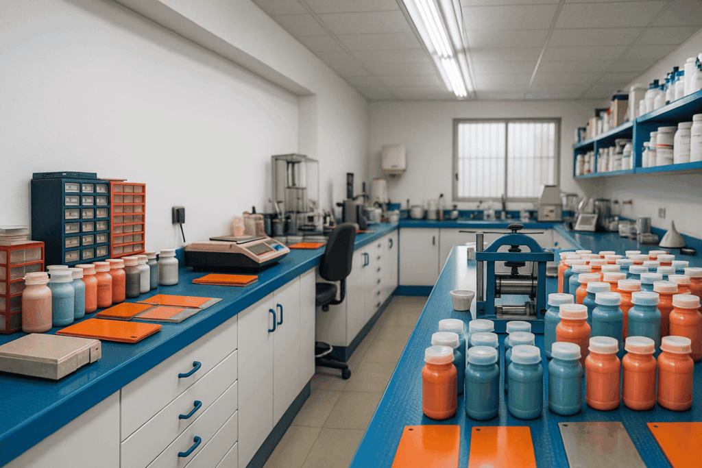 Laboratorio técnico de Dekoin 98 con muestras de pintura industrial personalizadas