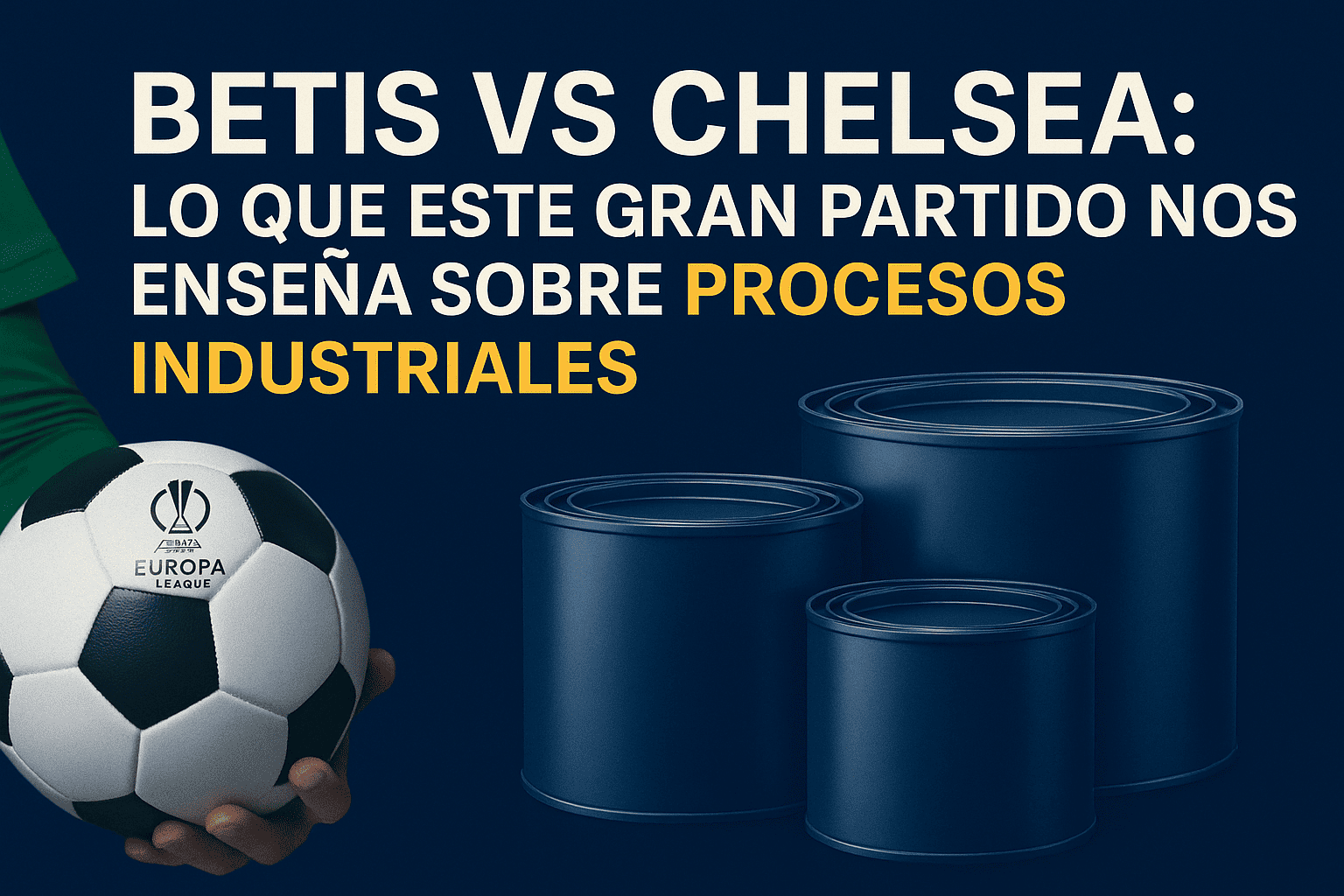 Ilustración con elementos industriales y de fútbol representando la relación entre un partido de alto nivel como Betis-Chelsea y la precisión de un proceso de pintado industrial.