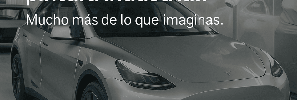 Tesla Model Y en una planta de pintura industrial con brazo robótico aplicando pintura de alto rendimiento