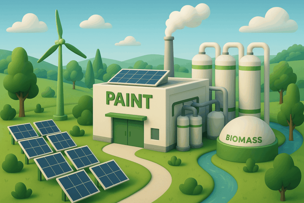 Ilustración 3D de una fábrica de pintura ecológica rodeada de árboles y colinas, con paneles solares, turbina eólica y unidad de biomasa, que simboliza la producción sostenible.