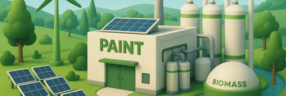 Ilustración 3D de una fábrica de pintura ecológica rodeada de árboles y colinas, con paneles solares, turbina eólica y unidad de biomasa, que simboliza la producción sostenible.