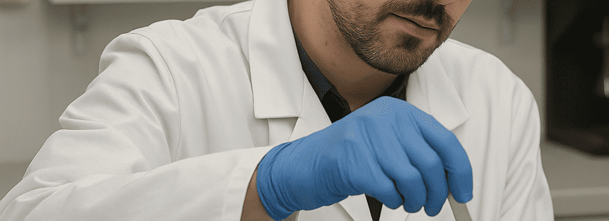 Hombre con bata blanca y guantes azules mezclando una pintura rosa en un vaso de plástico dentro de un laboratorio.