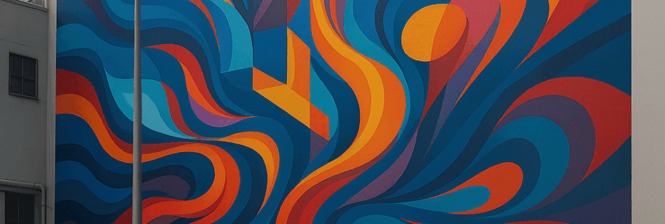 Mural abstracto pintado en una fachada, con diseño generado por inteligencia artificial y aplicado con pintura real. Incluye el texto “Diseñado por IA. Aplicado con pintura real. Dekoin 98.”