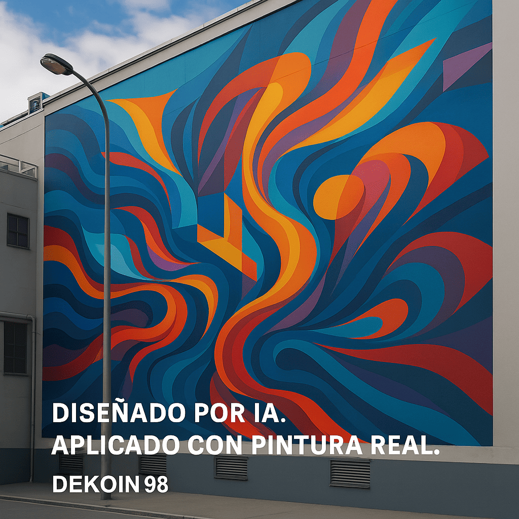 Mural abstracto pintado en una fachada, con diseño generado por inteligencia artificial y aplicado con pintura real. Incluye el texto “Diseñado por IA. Aplicado con pintura real. Dekoin 98.”