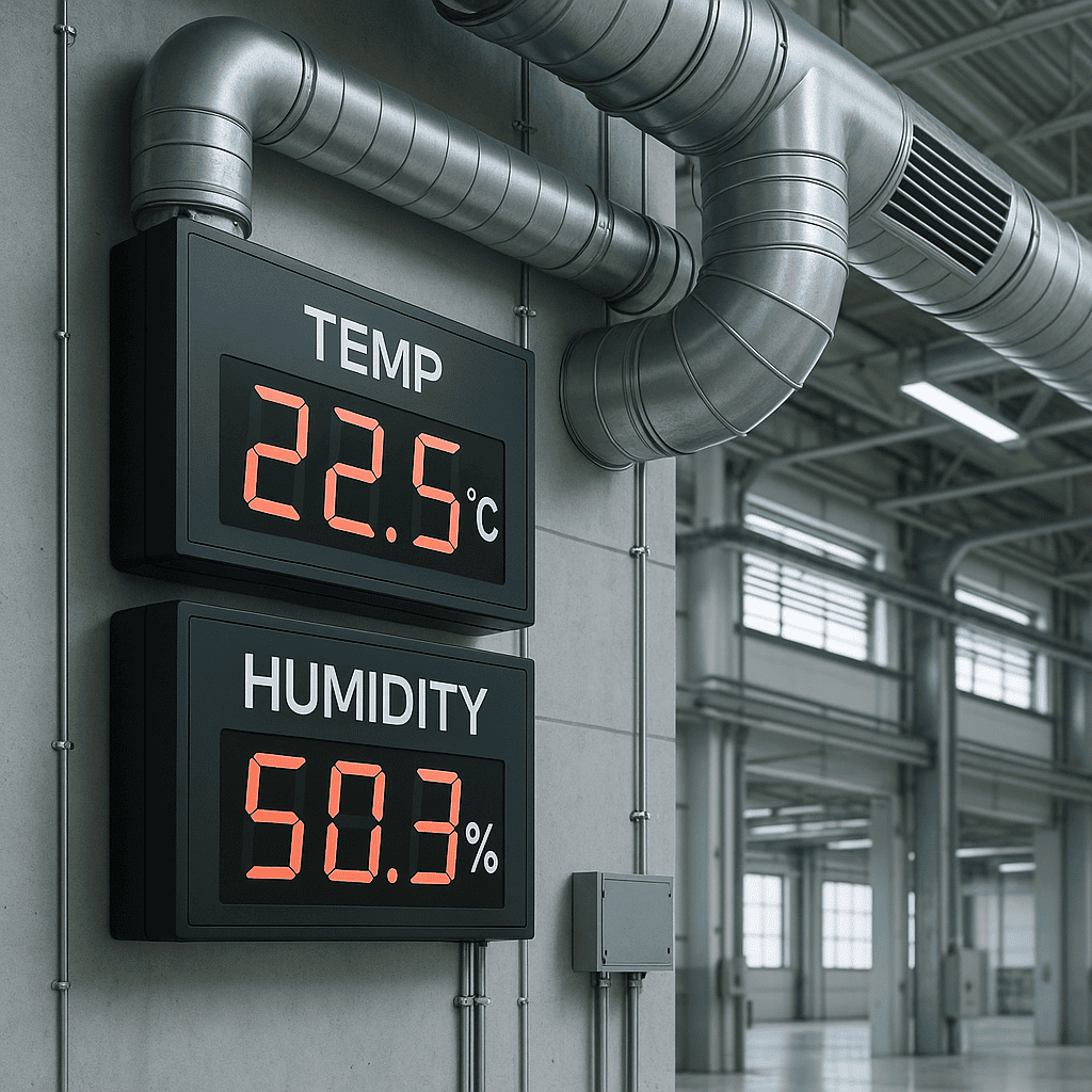 Espacio industrial con medidores de temperatura y humedad para control de aplicación de recubrimientos.