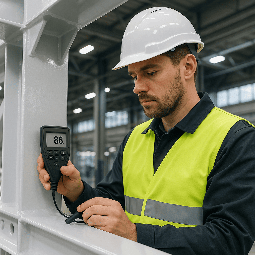 Técnico inspeccionando con medidor digital el espesor de un recubrimiento anticorrosivo en una superficie metálica industrial.