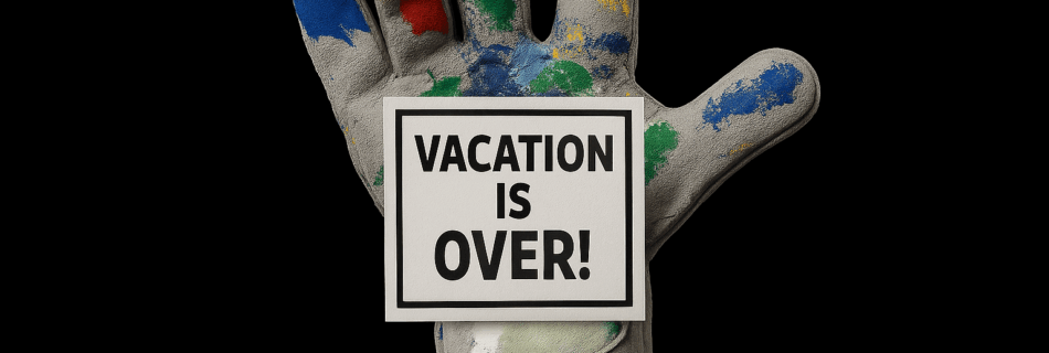 Guante de trabajo Dekoin 98 con manchas de pintura de colores sosteniendo un cartel que dice “Vacation is over!”.