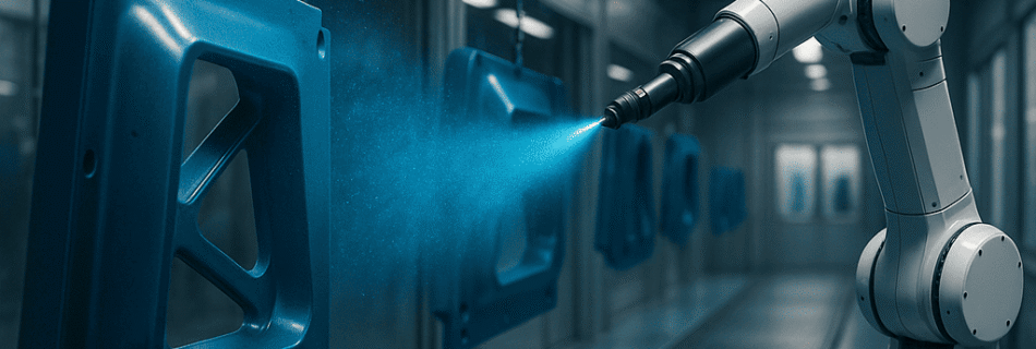 Vista cinematográfica de gran angular de una cabina de pintura industrial. Un brazo robótico aplica pintura metálica azul sobre grandes piezas de metal con tecnología de pulverización electrostática, mostrando partículas de pintura cargadas iluminadas ligeramente en el aire. Entorno limpio, moderno y bien iluminado, sin personas.