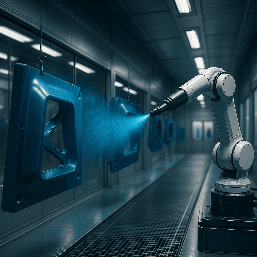 Vista cinematográfica de gran angular de una cabina de pintura industrial. Un brazo robótico aplica pintura metálica azul sobre grandes piezas de metal con tecnología de pulverización electrostática, mostrando partículas de pintura cargadas iluminadas ligeramente en el aire. Entorno limpio, moderno y bien iluminado, sin personas.