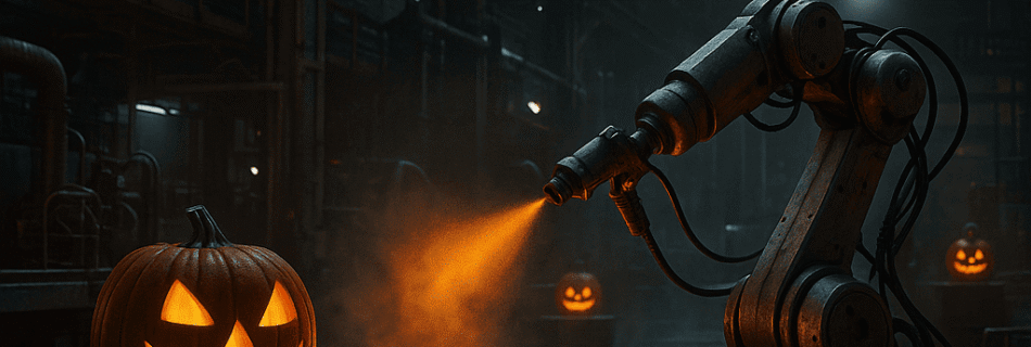 Planta de pintura industrial decorada con temática de Halloween, con luces naranjas, niebla ambiental y un operario aplicando pintura eco-industrial brillante con una pistola de pulverización.