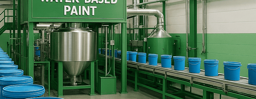 Línea de producción de pintura base agua en una fábrica sostenible, con cubos azules avanzando por una cinta transportadora.