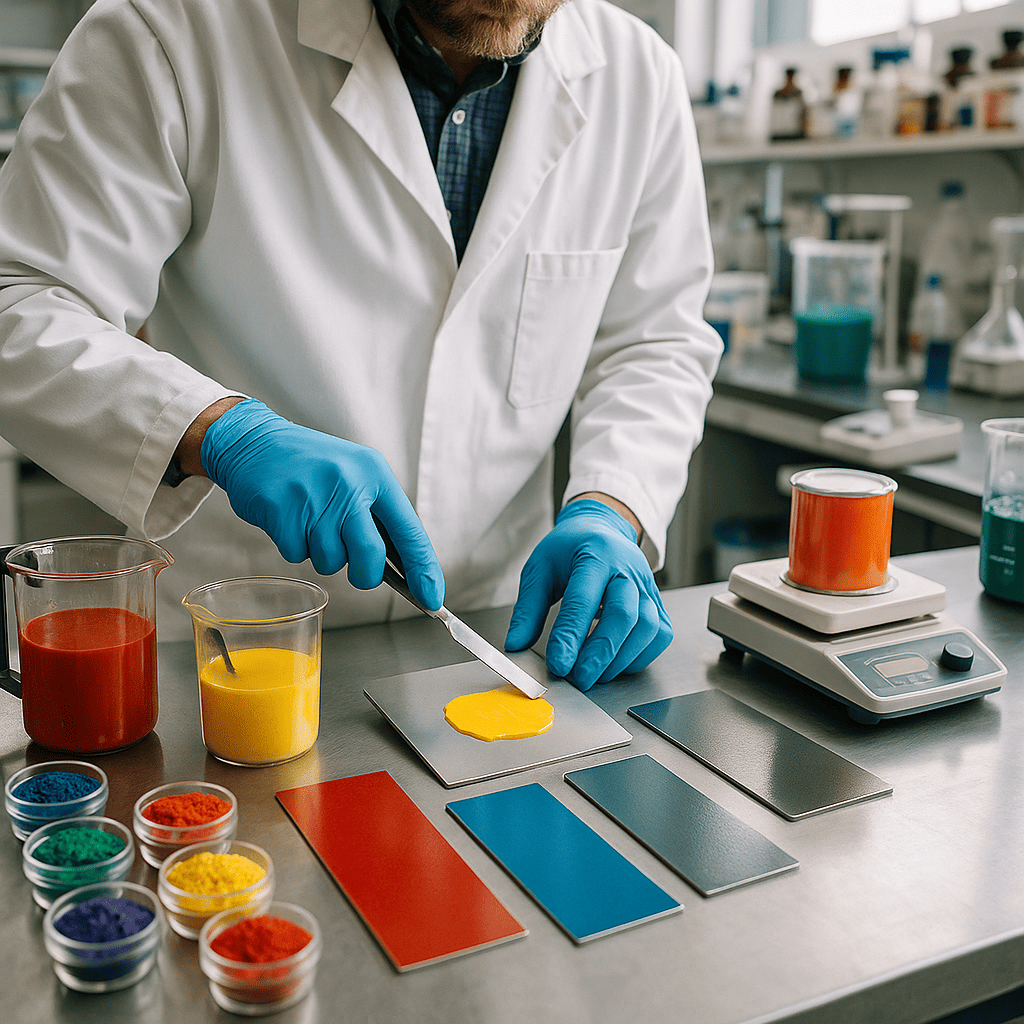Laboratorio de pintura industrial de Dekoin98 con técnicos mezclando y probando colores