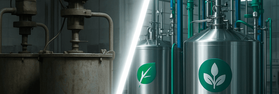 Vista interior de una fábrica de pintura industrial que muestra la transición entre una línea antigua con solventes y una moderna línea eco-industrial con pinturas al agua, iluminación limpia y ambiente sostenible.