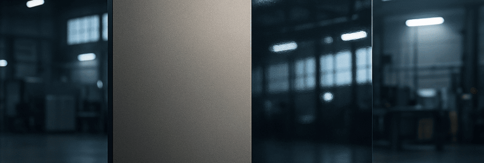 Superficie metálica industrial con mitad en acabado mate y mitad en acabado brillante, mostrando detalle, textura y calidad superior de pintura Dekoin 98.