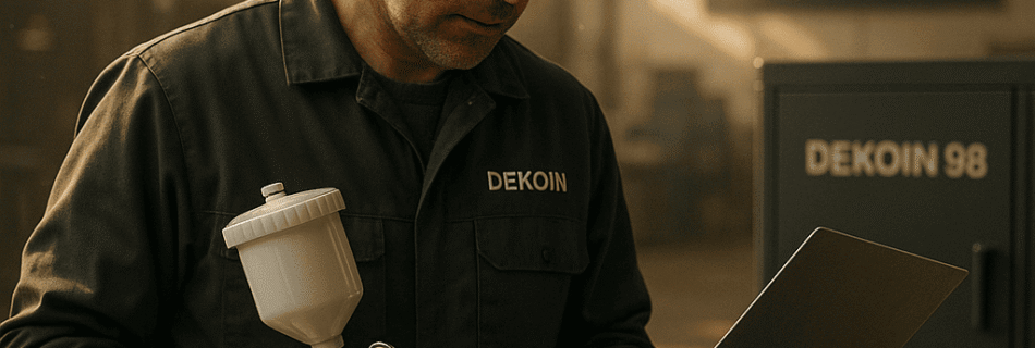 “Pintor preparando herramientas y superficie antes de aplicar pintura industrial en un taller profesional, escena cinematográfica estilo Discovery Max.”