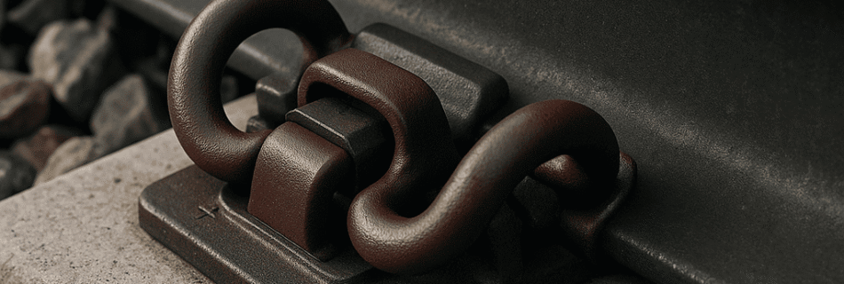 Sistema de sujeción ferroviaria con clip metálico granate mate fijando el raíl a una traviesa de hormigón, en entorno industrial limpio y detallado.