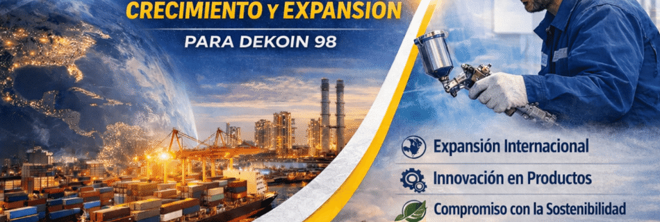 Imagen promocional de Dekoin 98 con el título "2026: Un Año de Crecimiento y Expansión". La imagen muestra un puerto de carga, un trabajador pintando y elementos relacionados con la expansión internacional, la innovación de productos y la sostenibilidad. El diseño resalta las metas de la empresa para el 2026.