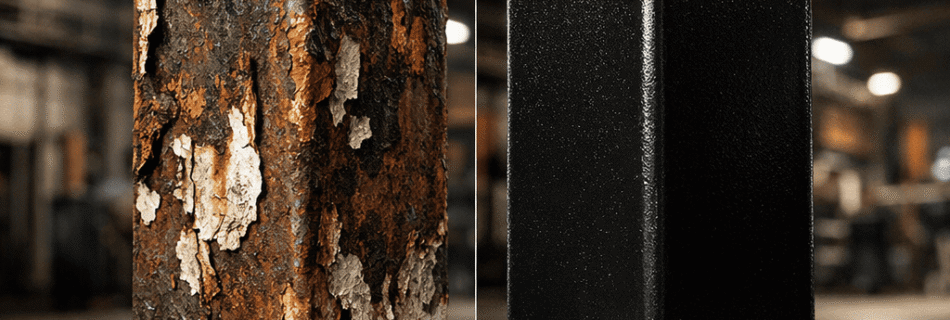 Aplicación de pintura anticorrosiva sobre una columna metálica en una fábrica, con superficie correctamente preparada y espesor controlado, en un entorno industrial limpio y profesional.