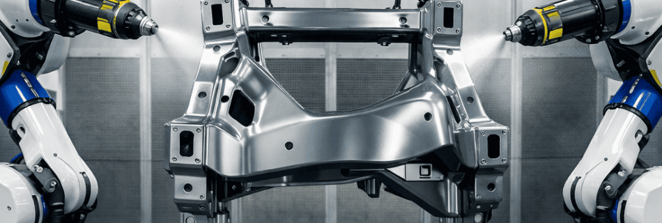 Cabina de pintado industrial profesional con dos brazos robóticos aplicando simultáneamente pintura perfecta y uniforme sobre una pieza metálica colgada, con microgotas de pintura y acabado brillante, iluminación realista y fondo industrial moderno desenfocado.