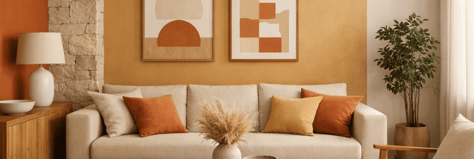 Interior moderno con paredes en terracota, detalles en ocre y beige, muebles minimalistas, luz natural suave y decoración elegante y acogedora