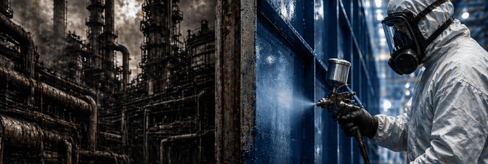 Escena industrial dividida que representa la adaptación en la industria: fábrica en crisis frente a proceso moderno de aplicación de pintura industrial