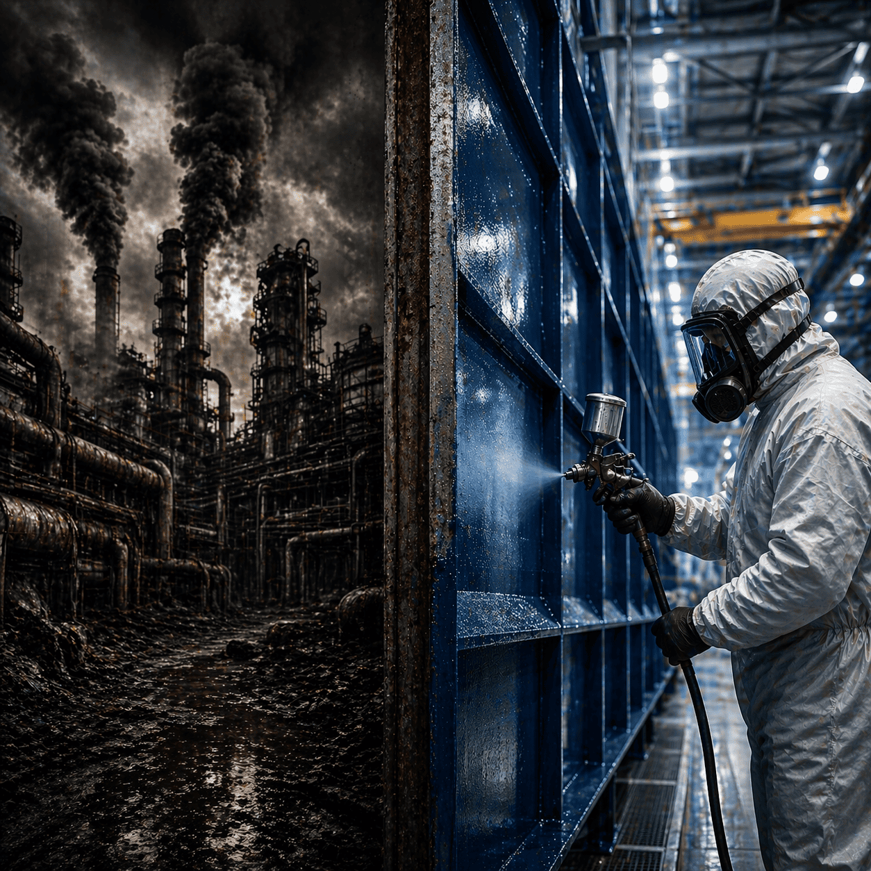 Escena industrial dividida que representa la adaptación en la industria: fábrica en crisis frente a proceso moderno de aplicación de pintura industrial