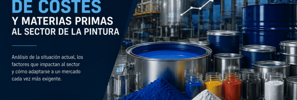 Infografía corporativa de Dekoin 98 sobre el impacto del aumento de costes y materias primas en el sector de la pintura industrial, mostrando una fábrica moderna, pigmentos industriales y gráficos de crecimiento económico.