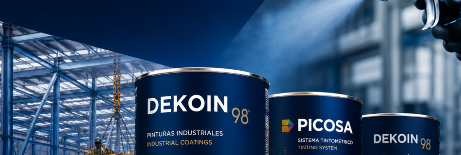 Portada corporativa de Dekoin 98 con botes de pintura industrial, sistema Picosa, pistola de aplicación y entorno industrial.