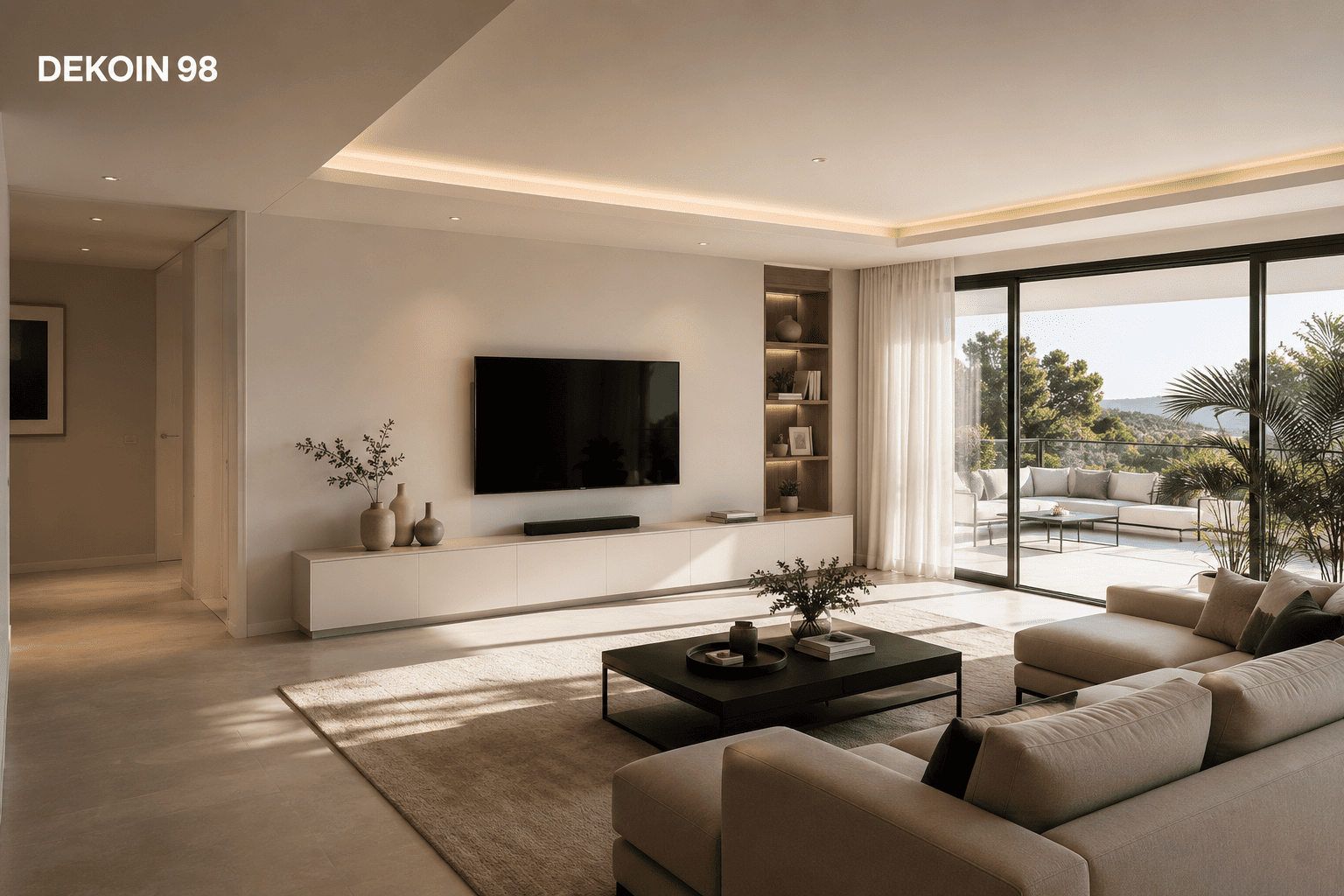 Salón moderno y luminoso con paredes pintadas en tonos suaves, mobiliario elegante y grandes ventanales con vistas al exterior.