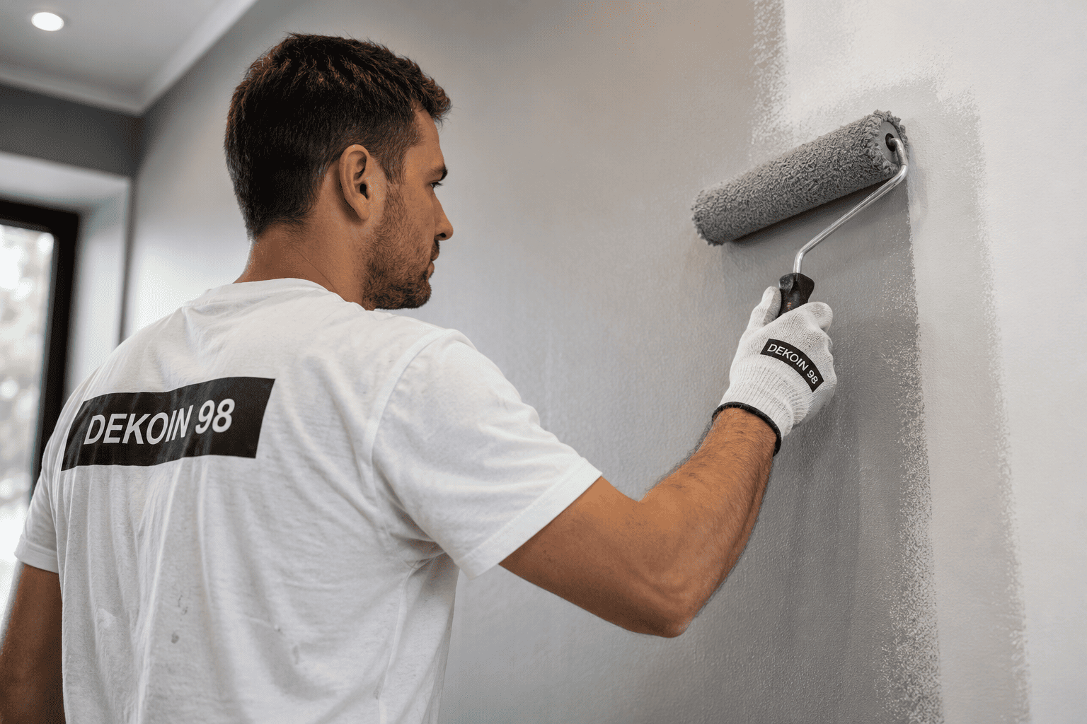Pintor profesional aplicando pintura gris en una pared interior con rodillo y uniforme Dekoin 98.