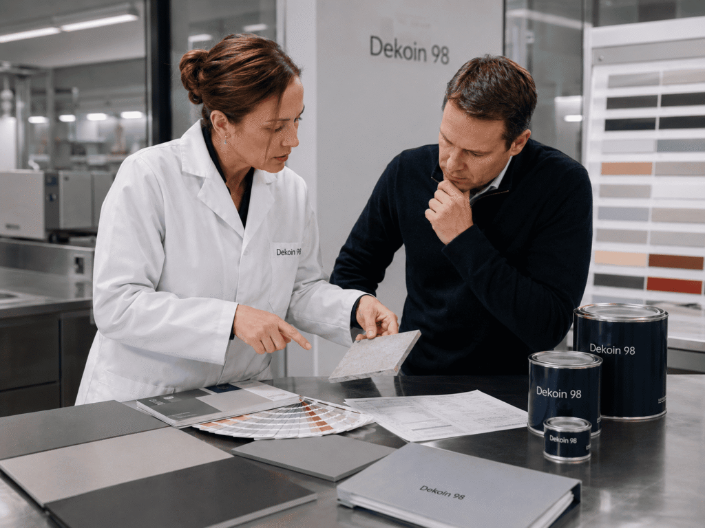 Técnica de Dekoin 98 asesorando a un cliente sobre una muestra de pintura industrial en laboratorio.