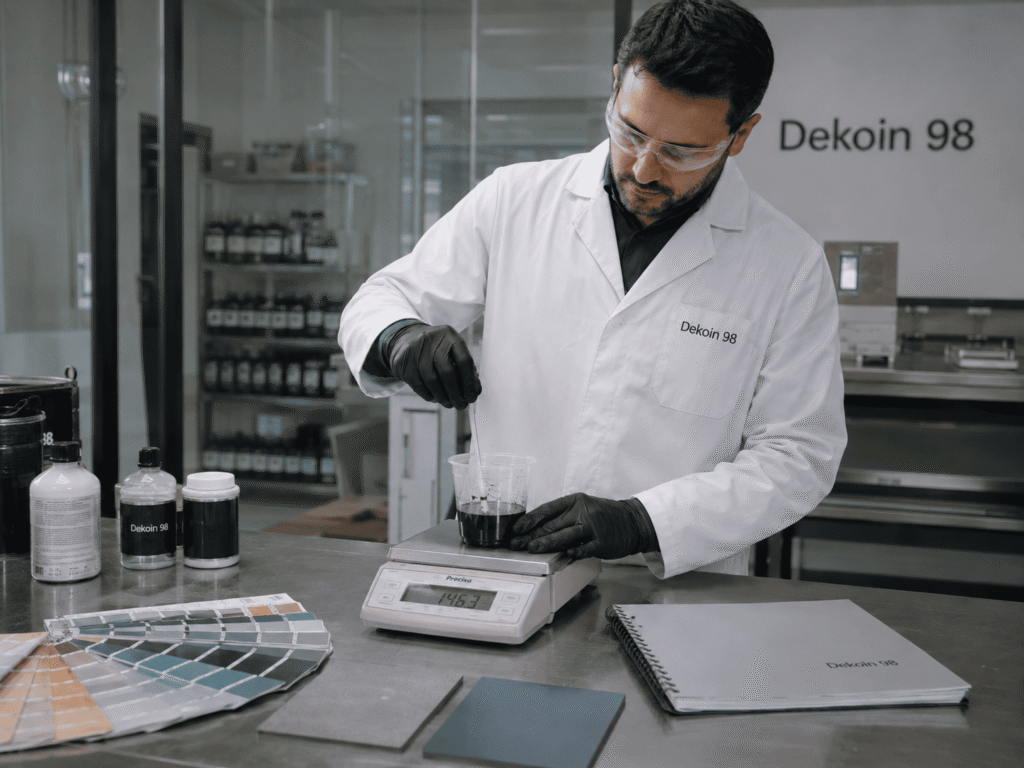 Técnico de Dekoin 98 formulando una muestra de pintura industrial en el laboratorio.