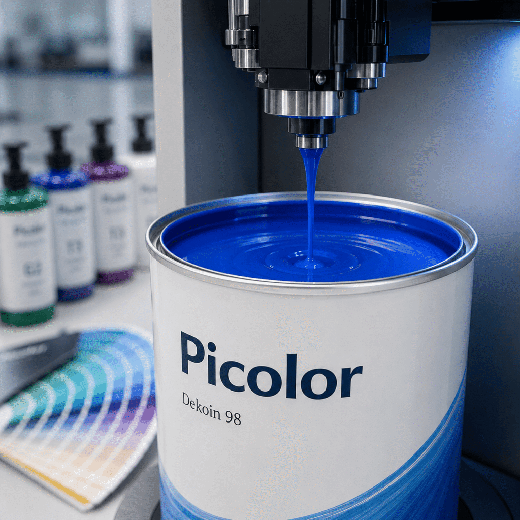Máquina tintométrica Picolor dosificando pintura azul en un bote Picolor Dekoin 98.