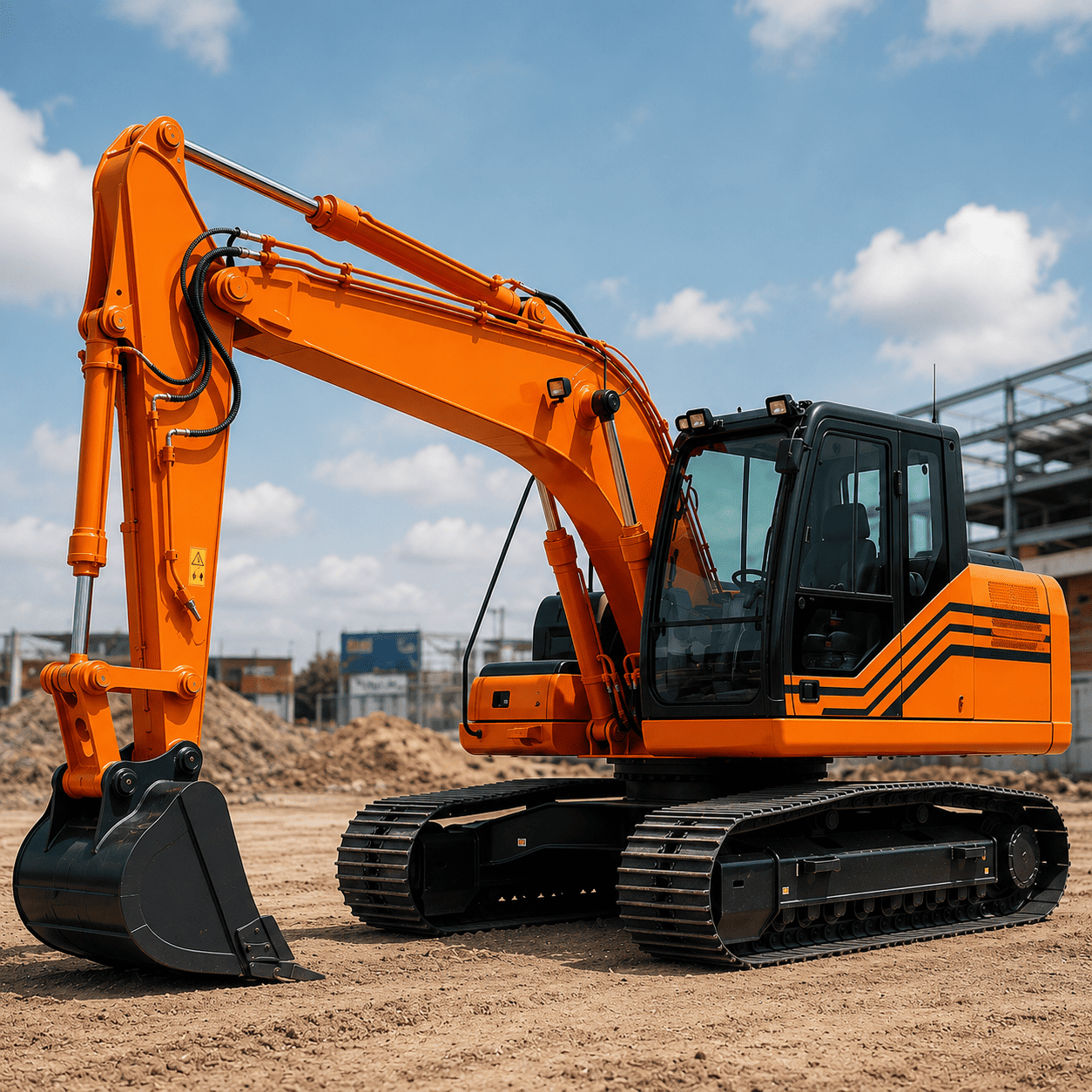 Excavadora naranja con recubrimiento protector en obra exterior