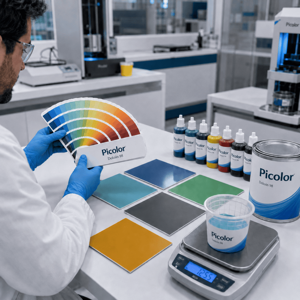 Técnico de laboratorio revisando una carta de color junto a muestras, concentrados y bote Picolor Dekoin 98.
