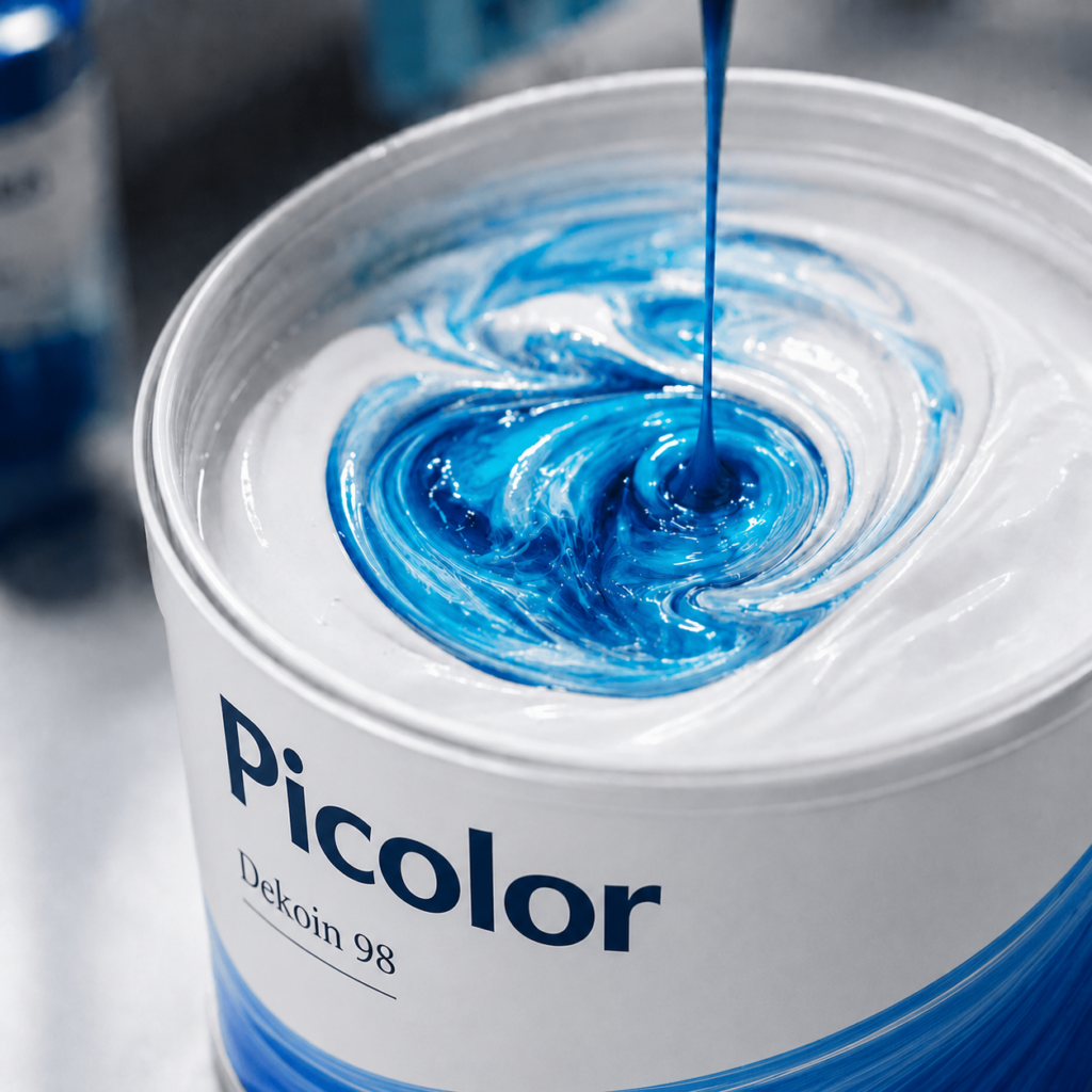 Primer plano de pigmento azul mezclándose con pintura blanca dentro de un bote Picolor Dekoin 98.