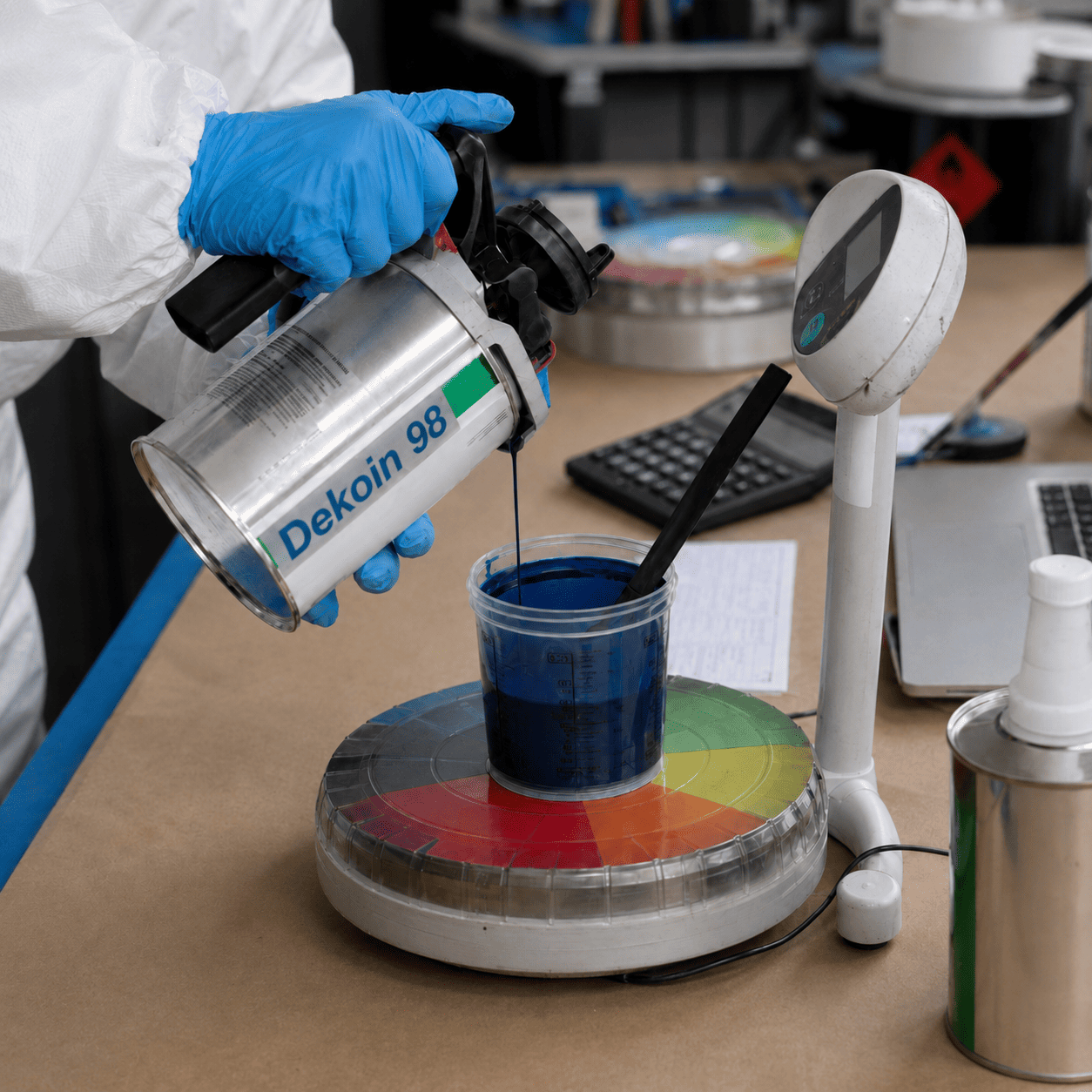 Técnico con guantes azules vertiendo pintura azul desde un envase Dekoin 98 en un vaso de mezcla sobre una báscula de laboratorio con carta de color.