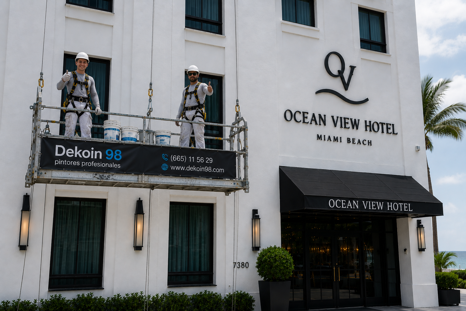 Dos pintores de Dekoin 98 con casco y arnés trabajan sobre un andamio colgante en la fachada blanca de un hotel de Miami.