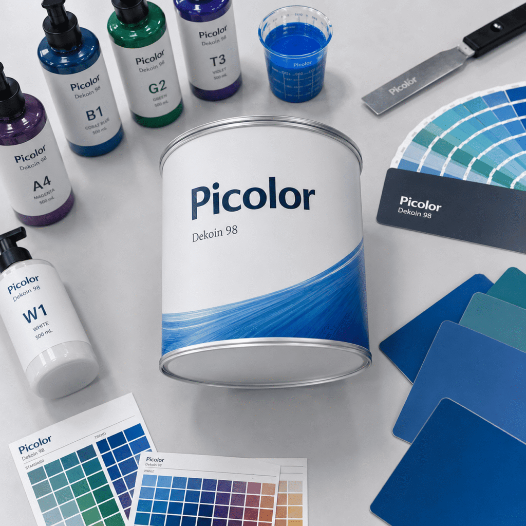 Bote Picolor Dekoin 98 rodeado de cartas de color, muestras y concentrados en laboratorio de pintura.