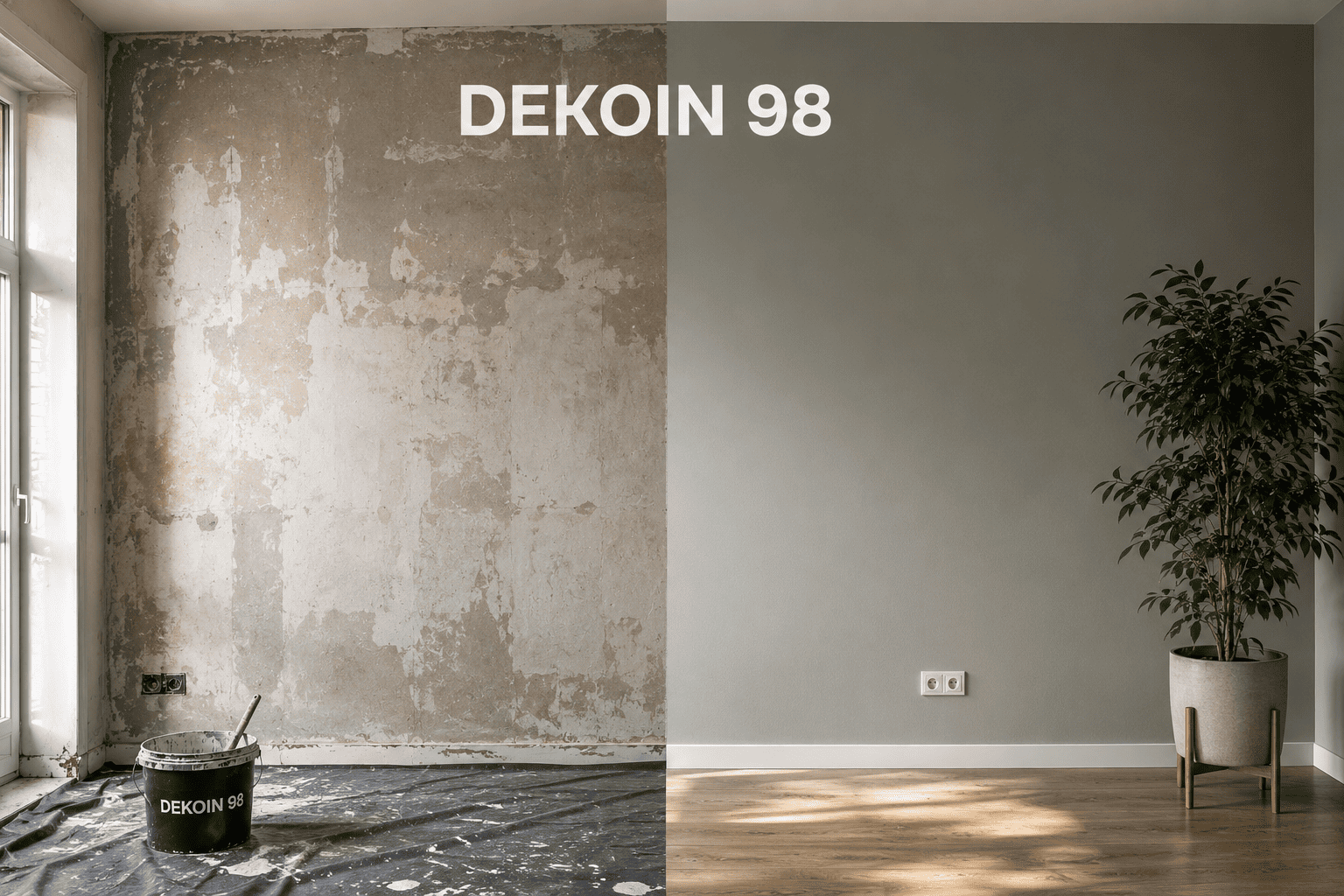 Comparación antes y después de una pared interior renovada con pintura decorativa Dekoin 98.